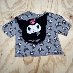 Sanrio Kuromi Grey All Over Print Crop Top T-Shirt and Plush Hat Set Womens L